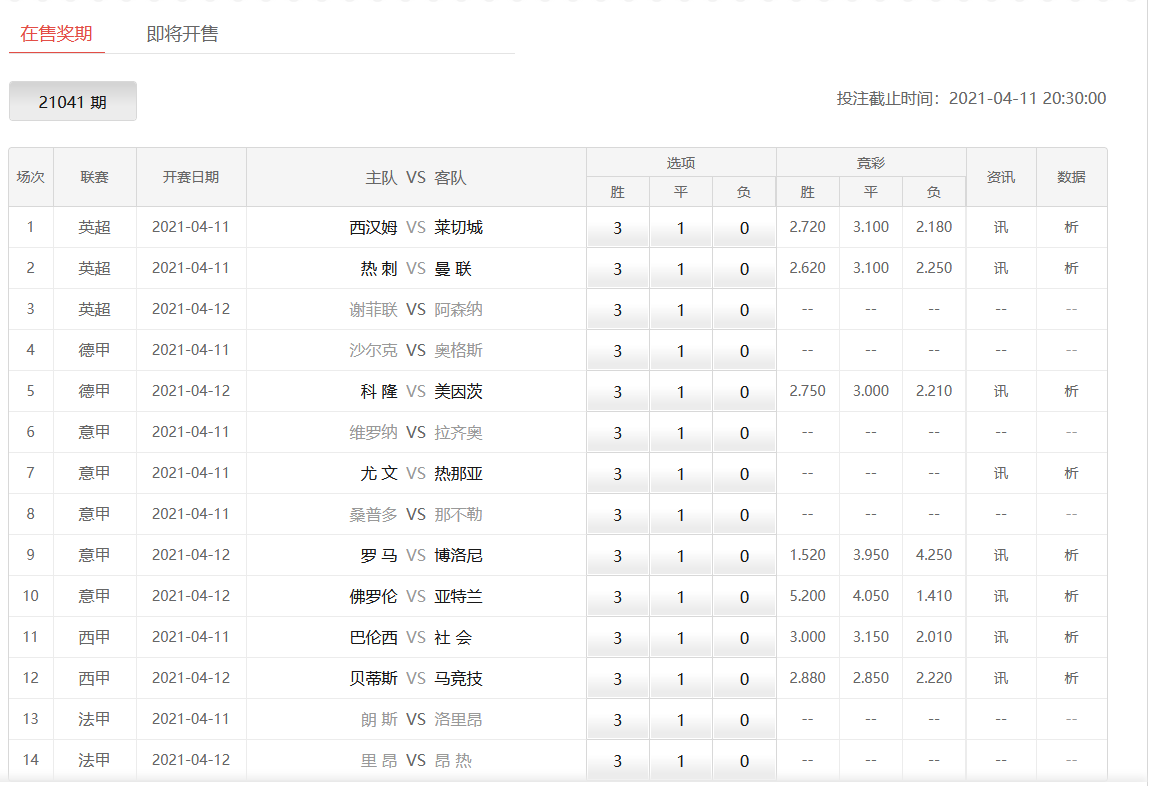 【足彩第21041期】胜负14场,任九大奖方案!五...
